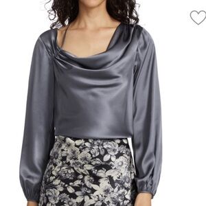 NWT Cinq A Sept Jordy Cowlneck 100% silk blouse. Blue gray women’s size small.